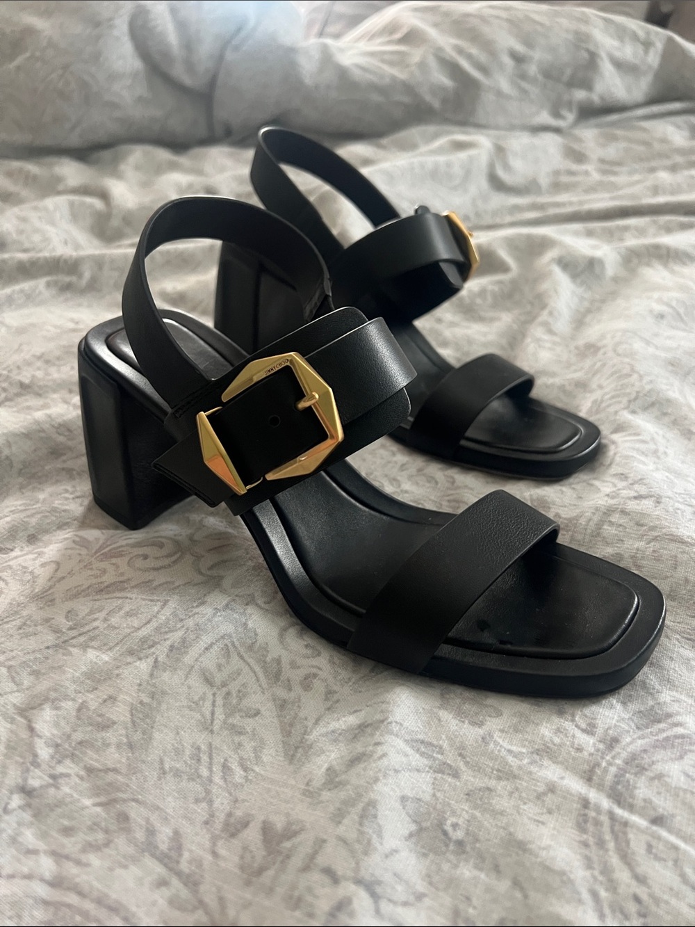 Jimmy Choo Black Block Heel Sandals with Gold Buckle Accent
